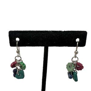 Handcrafted‎ Earrings Silver Tone Dangle Wire Ceramic Beads Hearts Cogs